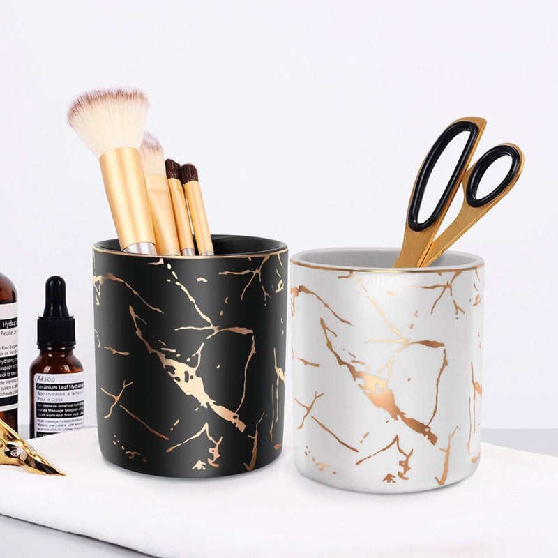 WAVEYU Pencil Cup, Pen Holder for Desk, Pen Pencil Stand Holder for Desk, Office Desk Organizer for Girls Women Kids Ceramic Glitter Marble Makeup Brush Holder, Black (Upgrade Style) - Image 5